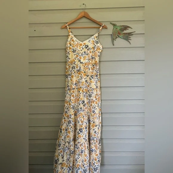 JOIE Floral cotton tiered Maxi Dress yellow & gray boho coastal cowgirl Sz 6 EUC - Picture 7 of 16